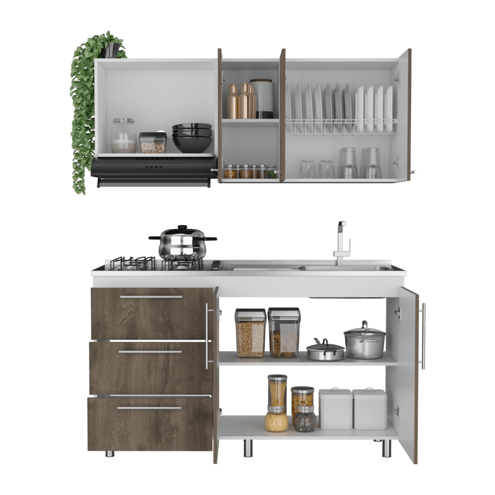 Cocina Integral Rubio, Blanco Duqueza y Nogal, Incluye Mesón Derecho - VIRTUAL MUEBLES