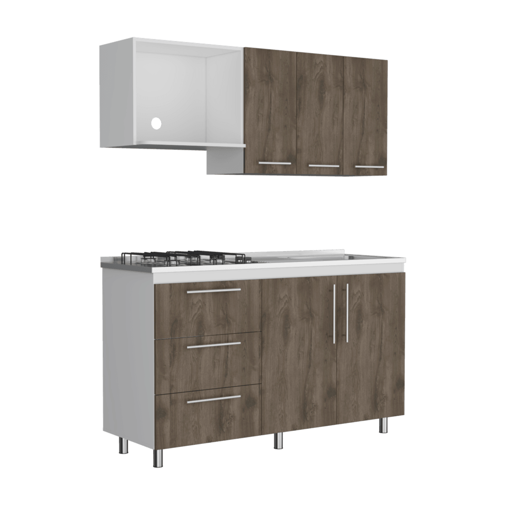 Cocina Integral Rubio, Blanco Duqueza y Nogal, Incluye Mesón Derecho - VIRTUAL MUEBLES