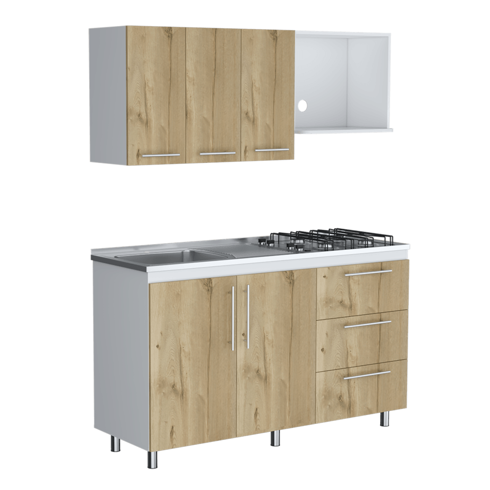 Cocina Integral Rubio, Blanco Duqueza y Café Claro, incluye Mesón Izquierdo - VIRTUAL MUEBLES