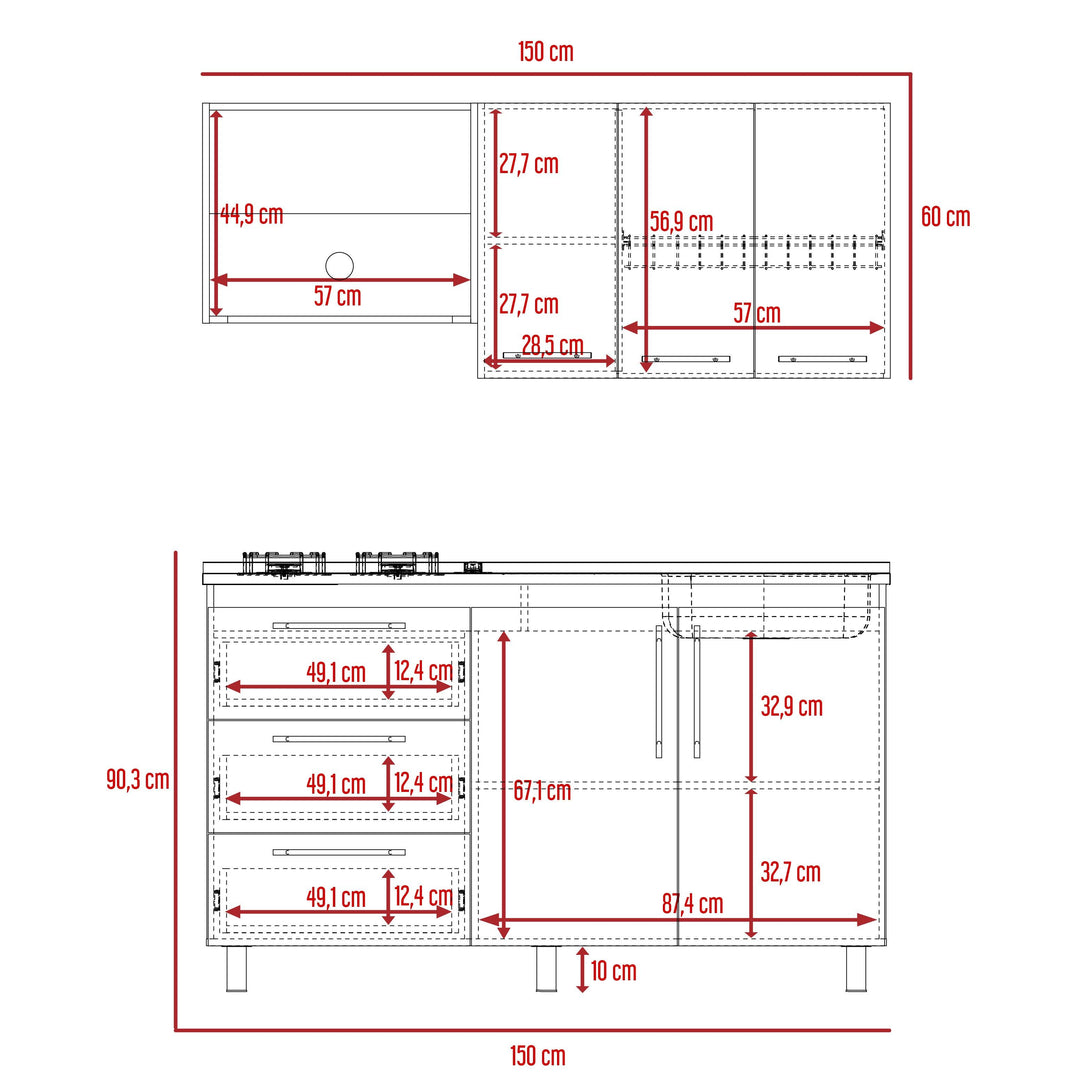 Cocina Integral Rubio, Blanco Duqueza y Nogal, Incluye Mesón Derecho - VIRTUAL MUEBLES