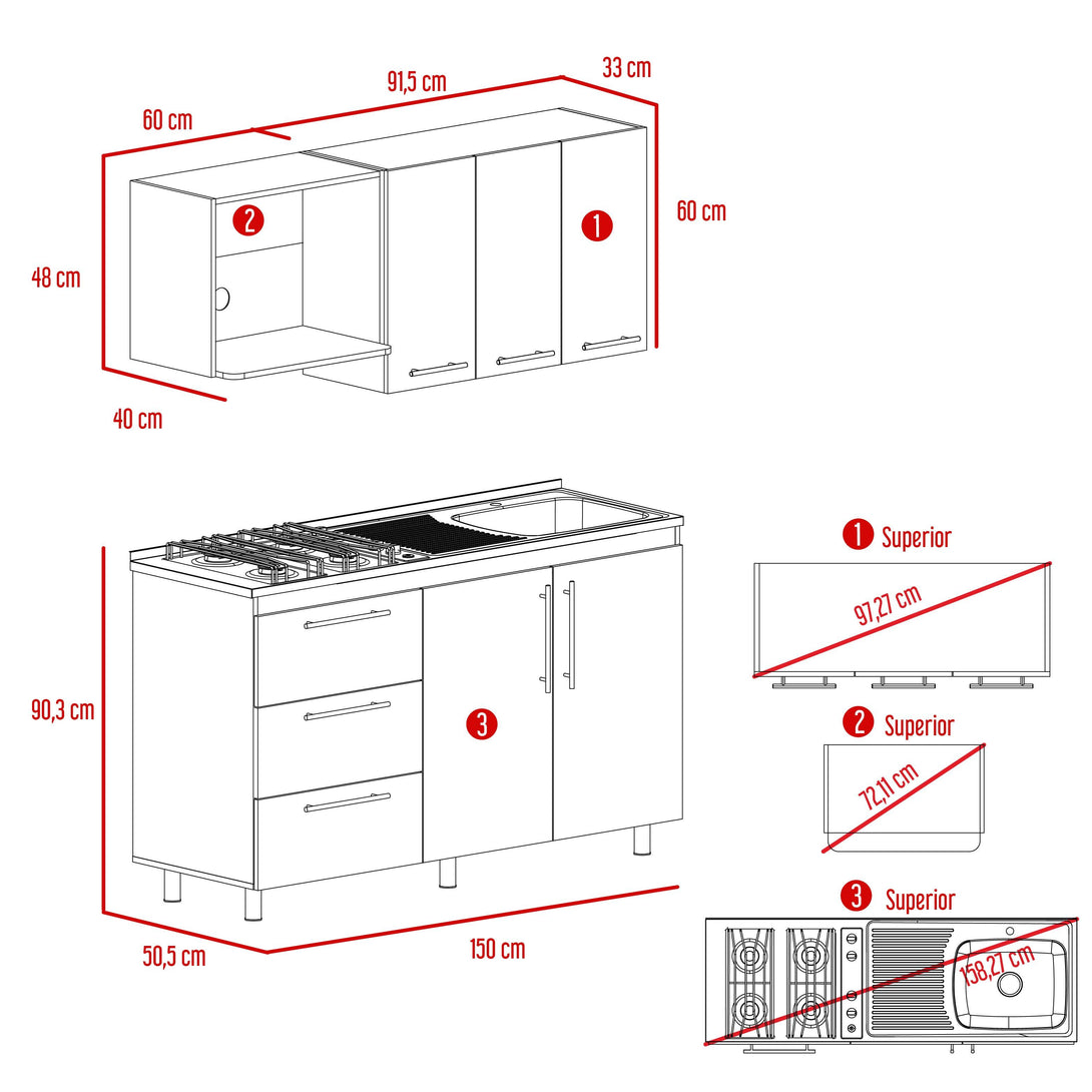 Cocina Integral Rubio, Blanco Duqueza y Nogal, Incluye Mesón Derecho - VIRTUAL MUEBLES