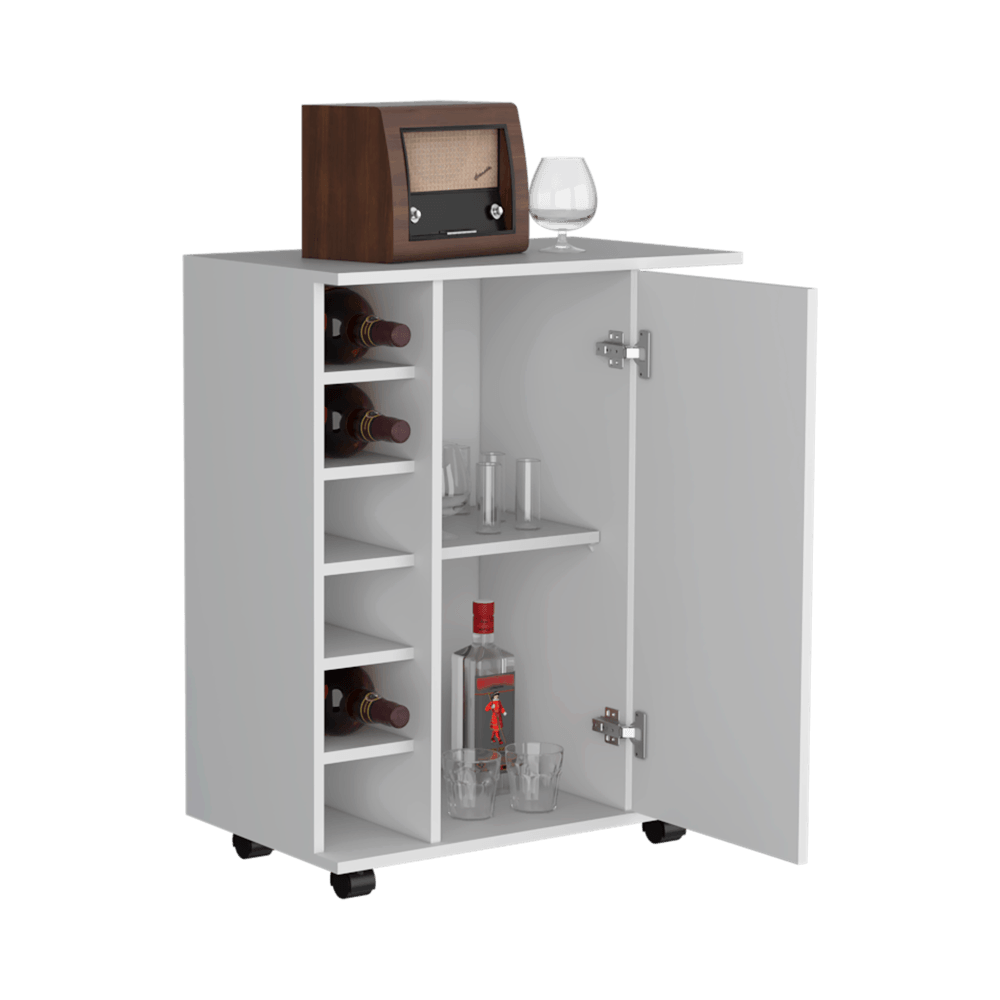 Bar Movible Liam, Blanco Duqueza, con espacio para ubicar copas y rodachines ZF - VIRTUAL MUEBLES