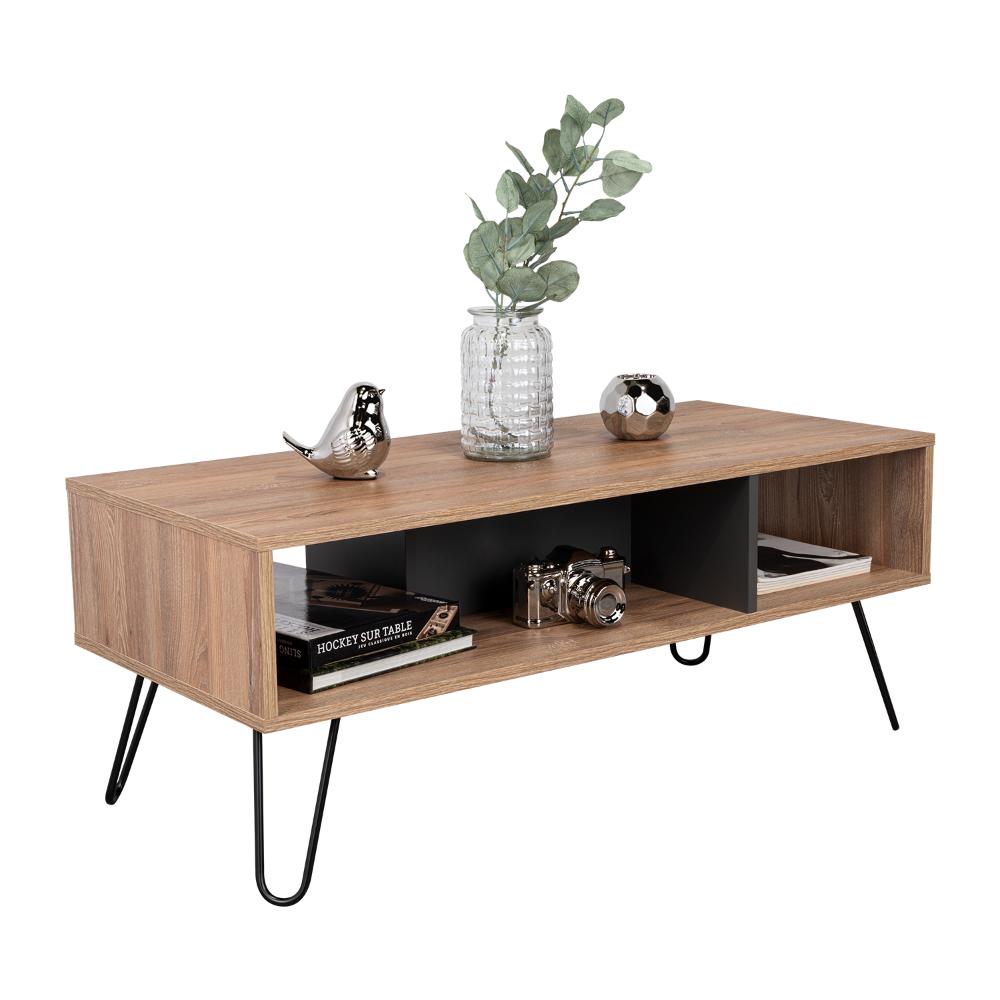 Mesa de Centro Lara, Miel y Plata Oscuro, con Amplio Espacio y Patas d