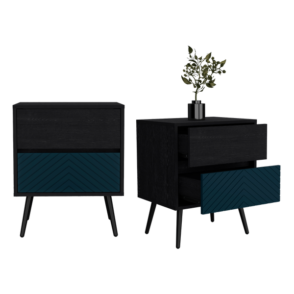 Mesa de Noche Lutso, Negro y Azul, con patas de madera X2